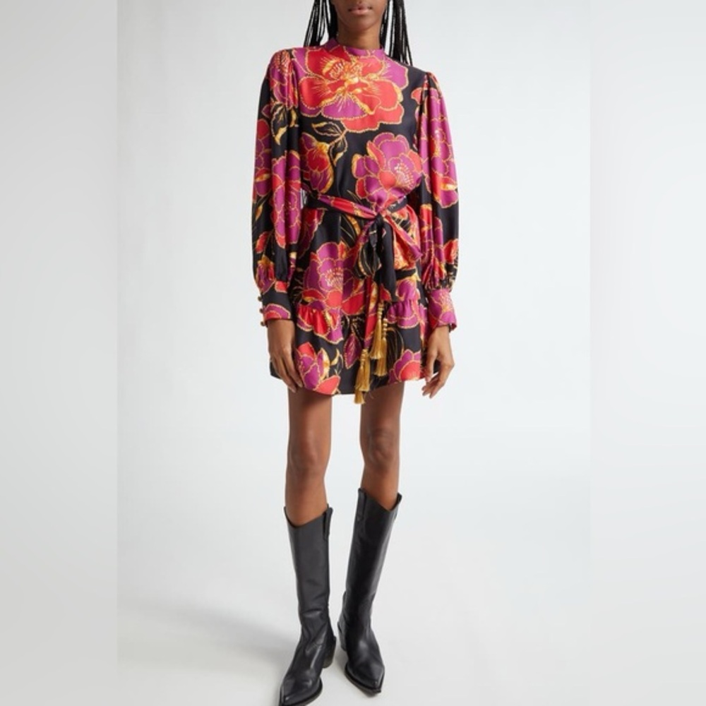 FARM Rio Shiny Chita Floral Print Long Sleeve Minidress